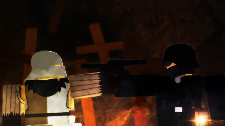 Two Grave Digger soldiers aiming rifles at each other in a dim underground trench lined with wooden crosses